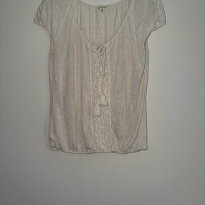 Max Studio Cream Lace-Front Tassel Top